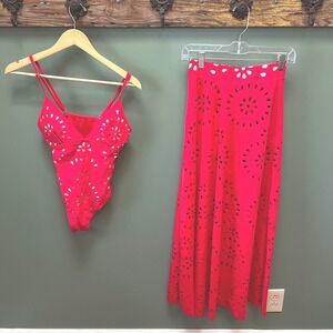 VibeCurve Red Laser Cut Eyelet One‎ Piece Swimsuit and Maxi Skirt Set Small NEW